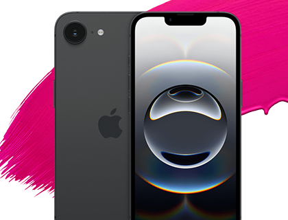 iPhone 16e, svart, fram- och baksida, skärm med färgmatchande bakgrundsbild, kamera med LED-blixt i övre vänstra hörnet på baksidan