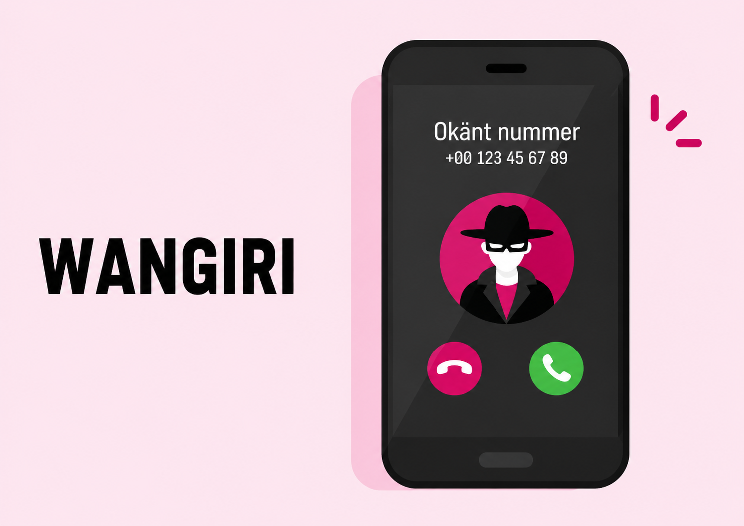Bild med en rosa bakgrund pch texten "WANGIRI" . Bredvid texten syns en mobiltelefon som har ett inkommande samtal. På displayen står det "Okänt nummer +00123456789" med en bild på en okänd man i hatt.