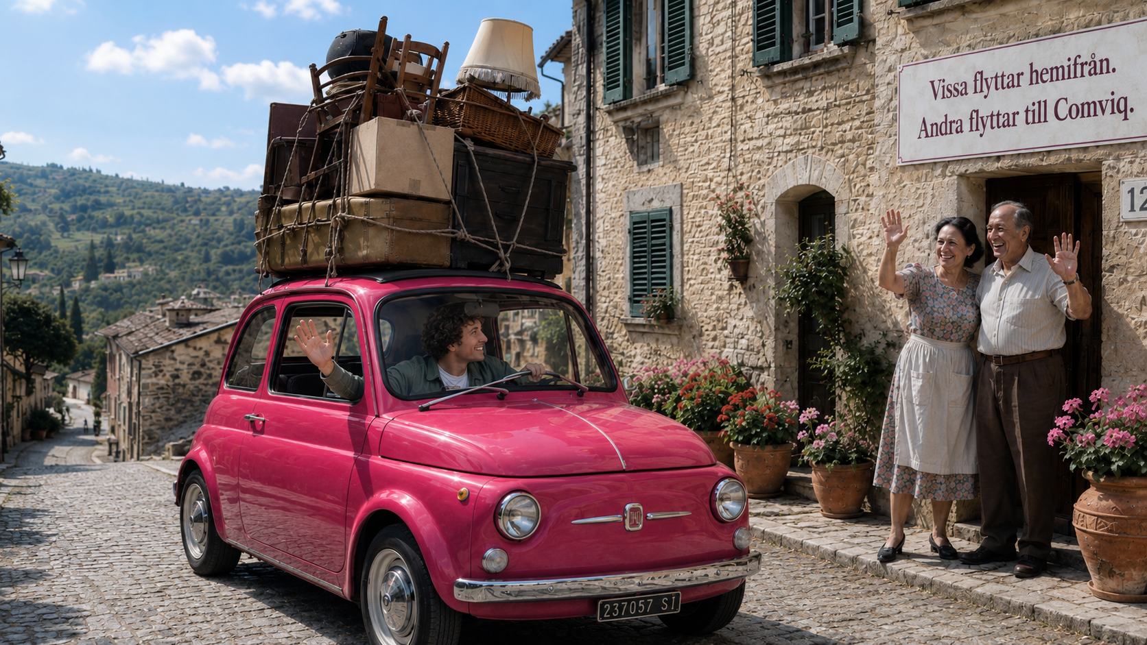 Ung man kör en rosa Fiat 500 fullpackad med flyttsaker genom en italiensk by och vinkar till sina föräldrar som står utanför huset. Bilden är AI-genererad.