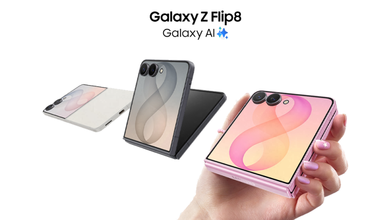 Samsung Galaxy Z Flip8 visas i tre färger: vit, svart och rosa. En hand håller den rosa modellen med öppen skärm.