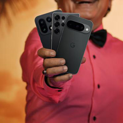 Karim håller upp tre svarta smartphones med olika kamerauppsättningar på baksidan.