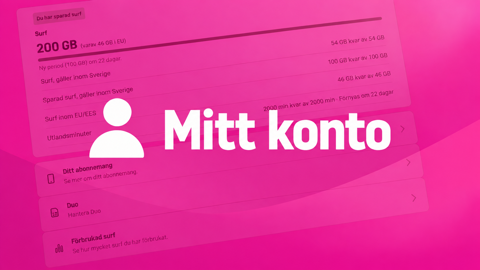 Mörkrosa bild med texten "Mitt konto" på. I bakgruden syns en svag spegling av hur det ser ut när man loggat in på Mitt konto med information om Ditt abonnemang, Surf och förbrukad surf.