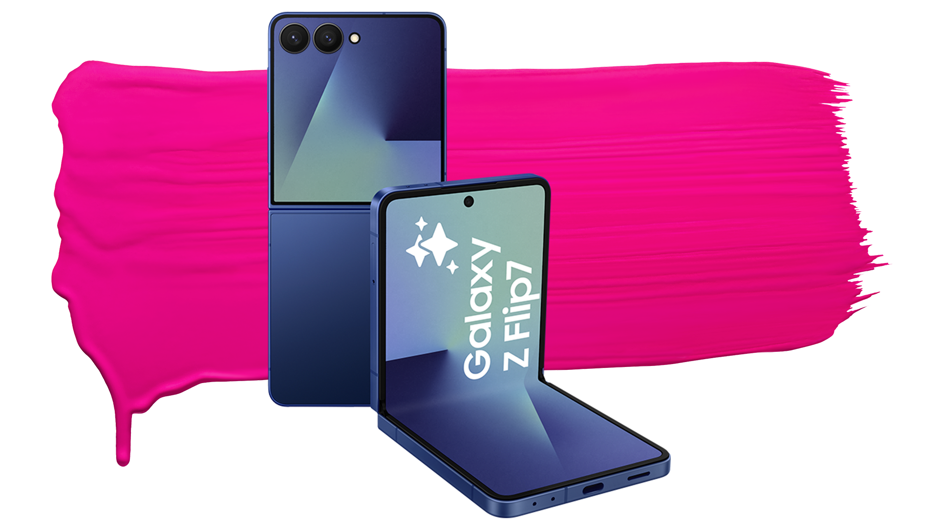 Blå vikbar Samsung Galaxy Z Flip-telefon visad både ihopfälld och uppfälld, med dubbla kameror på baksidan.