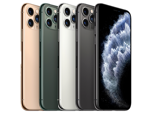 Fem iPhone 11 Pro i färgerna guld, mörkgrön, silver och rymdgrå, visade från baksidan och framsidan.