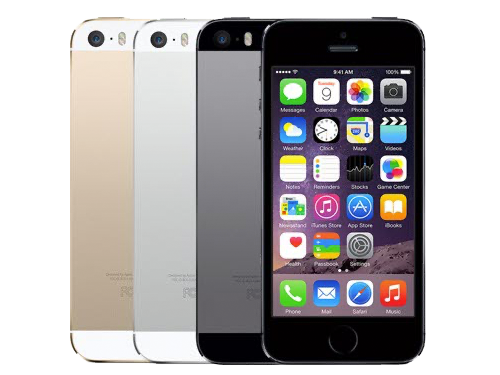 Fyra iPhone 5s-modeller i guld, silver och rymdgrå visas framifrån och bakifrån mot vit bakgrund.