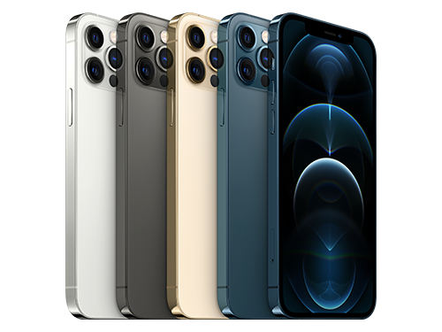 Fyra iPhone 12 Pro i olika färger: silver, grafit, guld och blå, visade från sidan och framsidan.