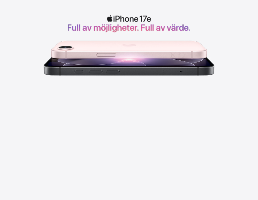 iPhone 17e i rosa och svart färg visas från sidan med texten "Full av möjligheter. Full av värde." ovanför.