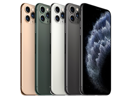 Fem iPhone 11 Pro Max i olika färger: guld, mörkgrön, silver och rymdgrå, visade framifrån och bakifrån.