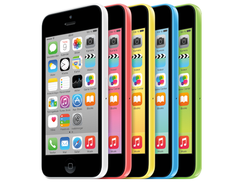 Sex iPhone 5c-telefoner i olika färger: vit, rosa, gul, blå och grön, visade framifrån med appar på skärmen.