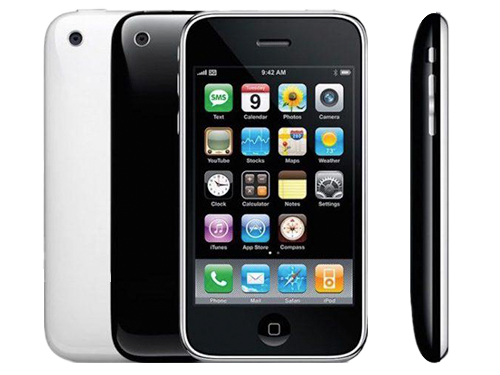 Tre iPhone 3GS visade från olika vinklar: framsida med appar på skärmen, baksida i vitt och svart, samt sidovy.