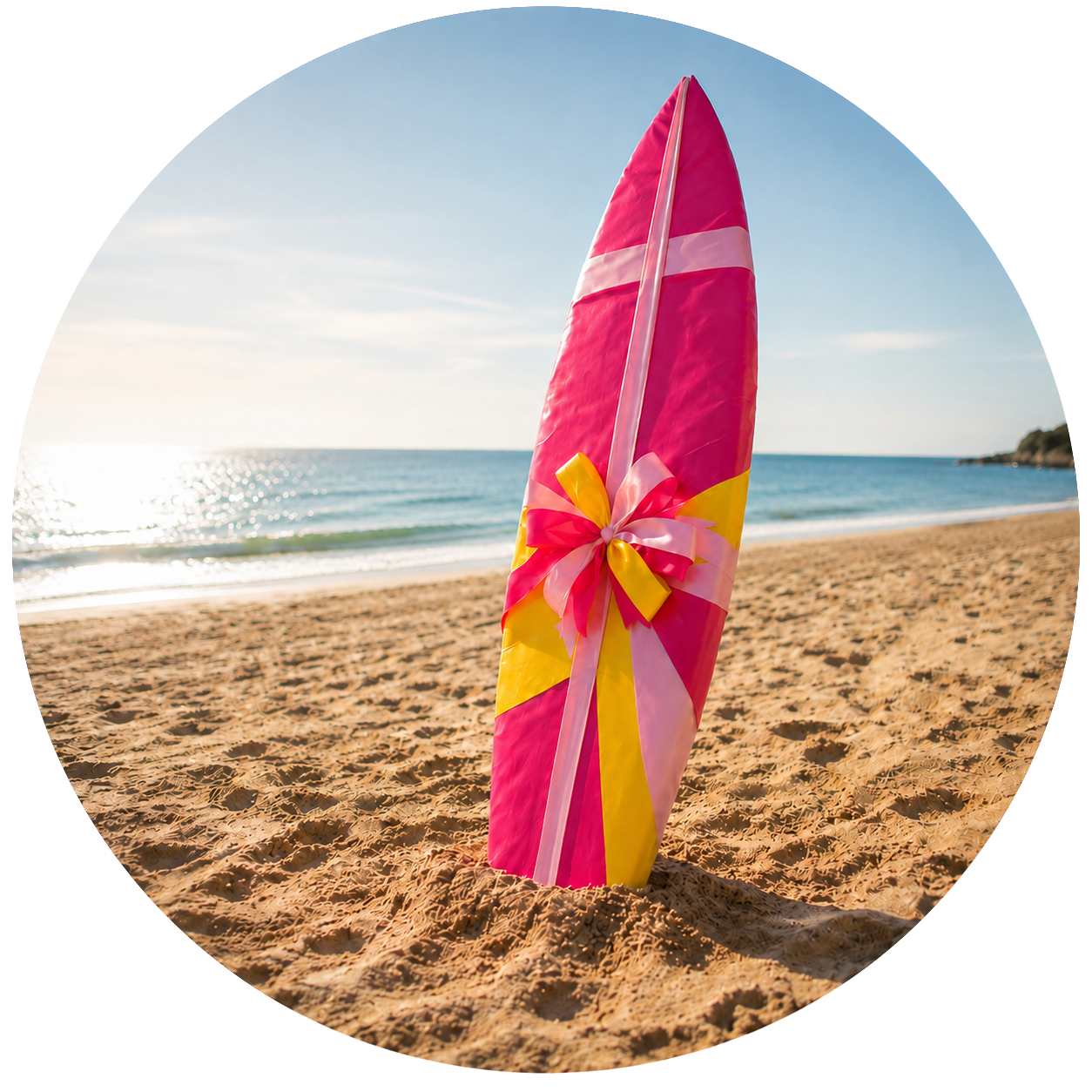 En surfbräda som är inslagen i ett rosa presentpapper står i sanden på en strand. I bakgrunden syns havet.