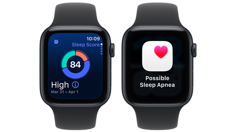 Två Apple Watch som visar hälsofunktioner: en visar sömnpoäng: 84 och den andra visar varning för möjlig sömnapné.