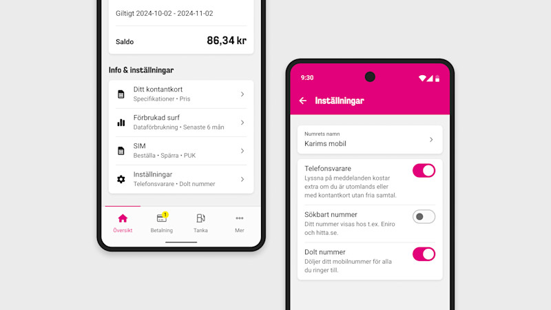 Två mobilskärmar som visar information- och inställningsmenyer i Comviq-appen, tjänster, förbrukad surf, inställningar för telefonsvarare, dolt nummer