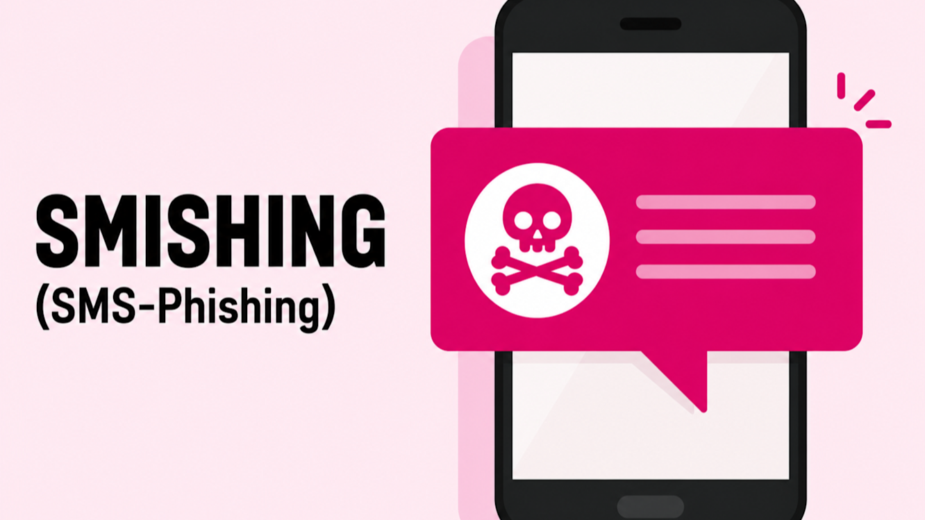 En rosa bakgrund med texten "SMISHING (SMS-Phising)" på. Bredvid texten är en bild av en mobiltelefon med en rosa chatbubbla som innehåller en döskalle.