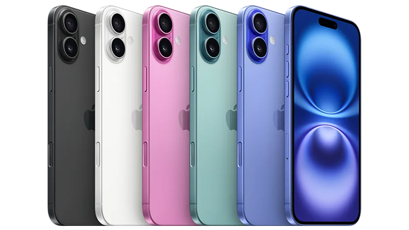 Baksida på iPhone 16 i färgerna svart, vit, rosa, blågrön, ultramarin. Mobilerna har två vertikalt placerade kameror i övre vänstra hörnet.