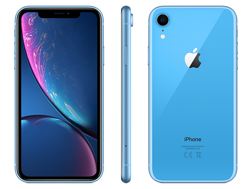 Blå iPhone XR visad framifrån, från sidan och bakifrån med Apple-logotypen synlig på baksidan.