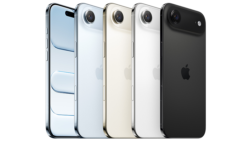 Fem iPhone Air-modeller uppradade i olika färger: ljusblå, vit, guld, vit och svart, visade från baksidan med kameror.