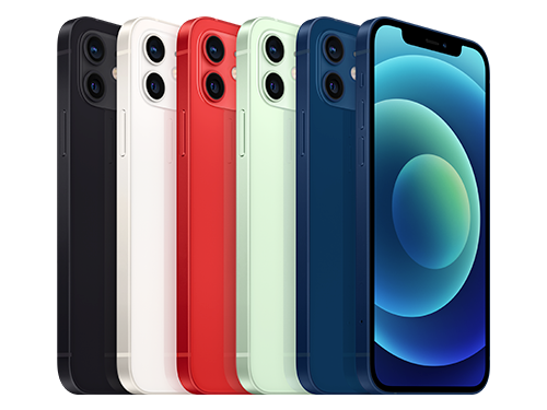 Fem iPhone 12 i olika färger: svart, vit, röd, grön och blå, visade från bak- och framsidan.
