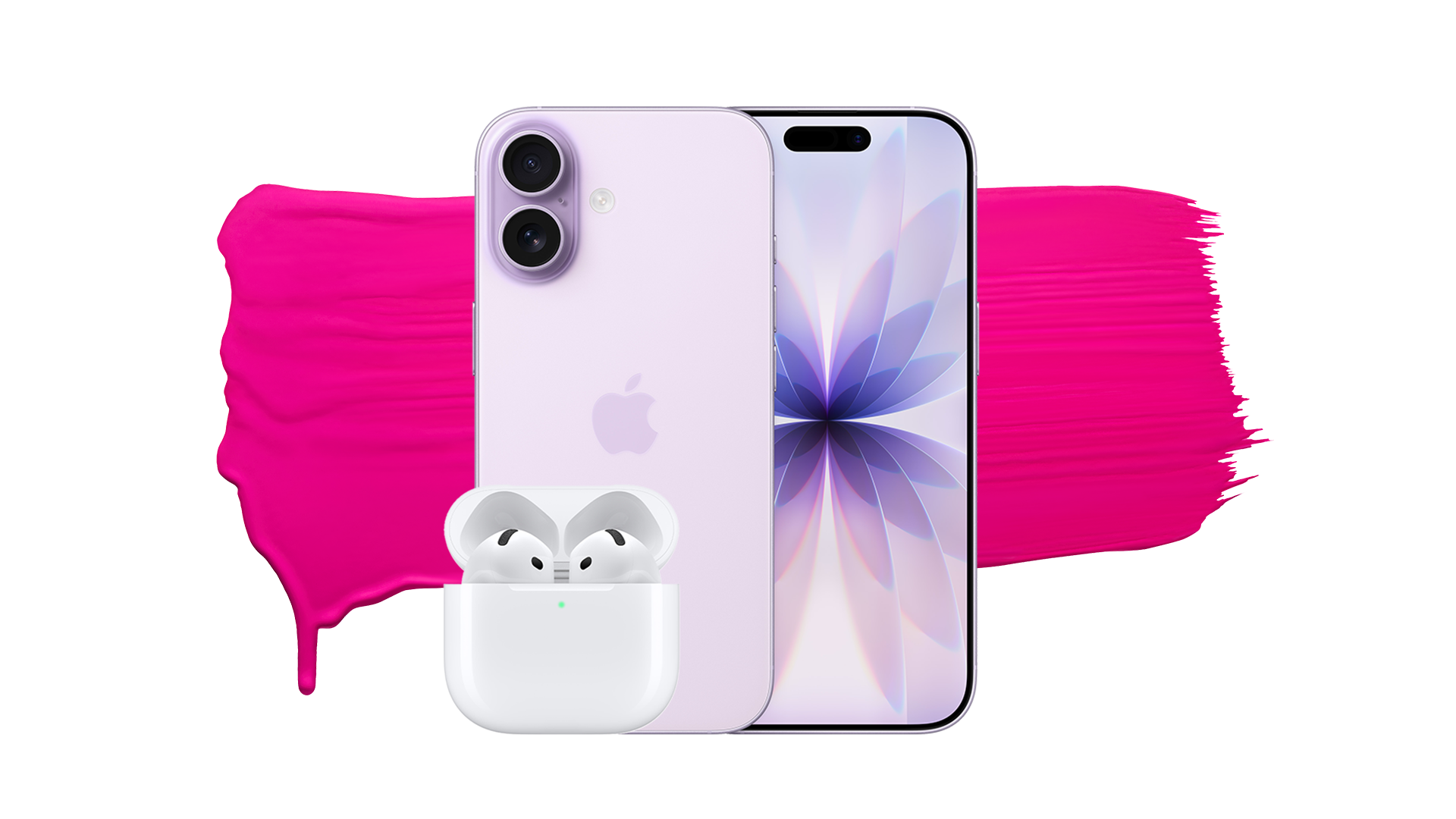 Lila iPhone 17 visad från bak och framsida med blommönster på skärmen, tillsammans med vita Apple AirPods i laddningsfodral.