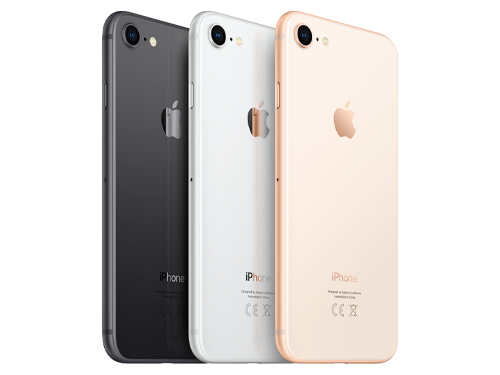 Tre iPhone 8 visade bakifrån i färgerna rymdgrå, silver och guld, med Apple-logotyp och kamera synliga.