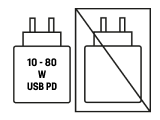 En vit USB PD-laddare märkt 10-80W visas bredvid en förbjuden symbol över en liknande laddare.