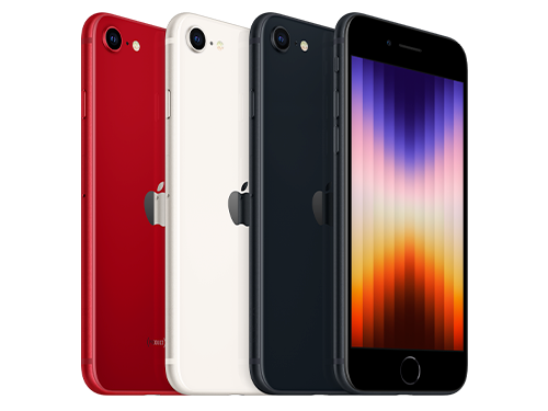 Fyra iPhone SE visas i färgerna röd, vit och svart (midnatt), både fram- och baksida synliga.