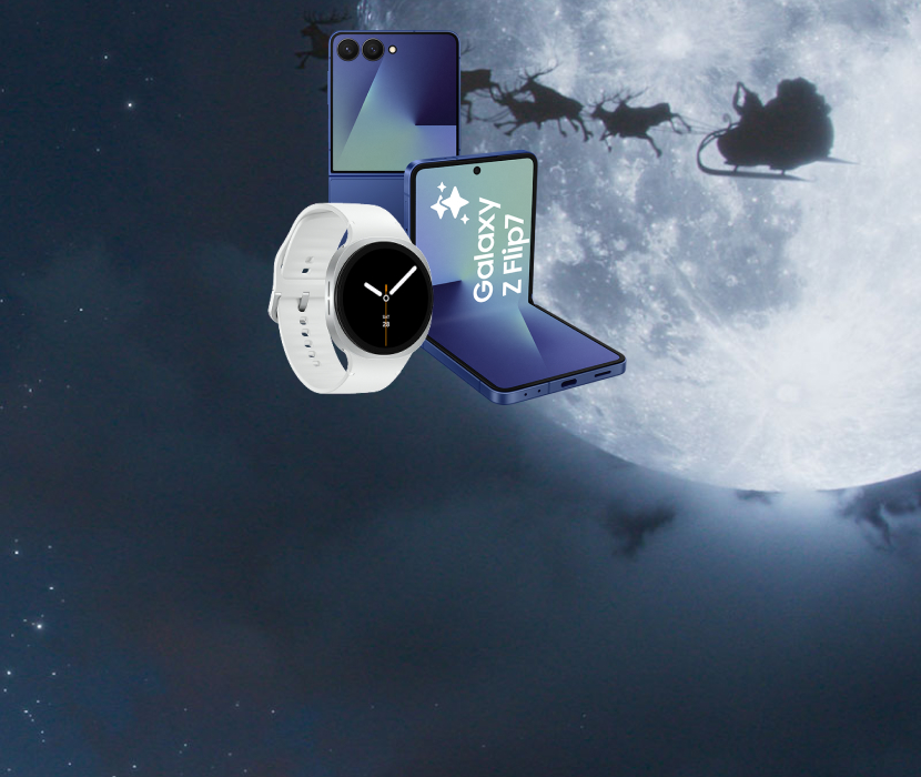 Samsung Galaxy Z Flip-telefon och vit smartklocka mot nattlig himmel med jultomtens släde som flyger över månen.