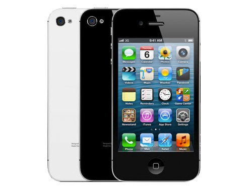 En svart iPhone 4S framifrån med appar på skärmen, och en vit iPhone 4S bakifrån, mot vit bakgrund.