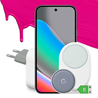 Pixel 10, svart, centrerad kamera högst upp och Google-laddare bredvid.