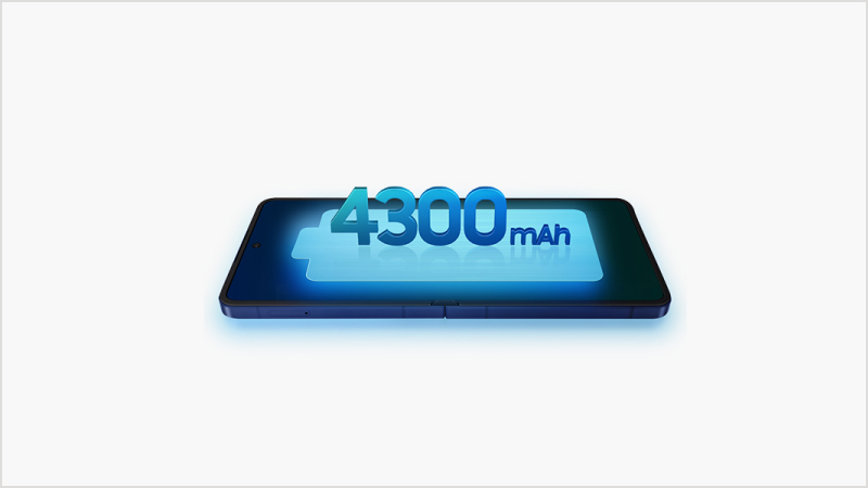 En Samsung Galaxy Z Flip7 med 4300 mAh batteri visas liggande med blå glödande text som framhäver batterikapaciteten.