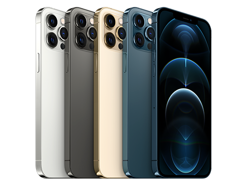 Fyra iPhone 12 Pro i olika färger: silver, grafit, guld och Pacific Blue, visade från bak- och framsidan.