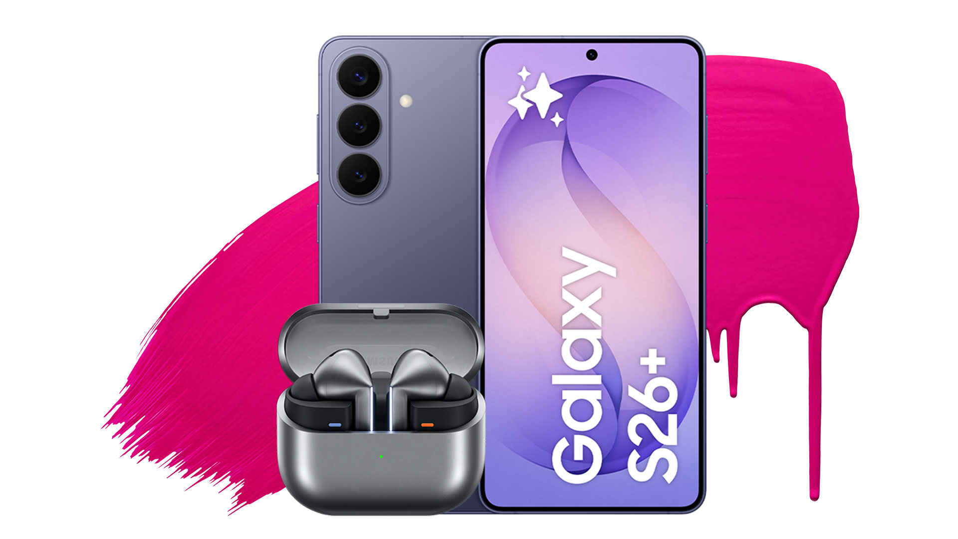 Samsung Galaxy S26+ med trippelkamera på baksidan och centrerfad främre kamera. Grå Galaxy Buds3 pro in ear-hörlurar framför.