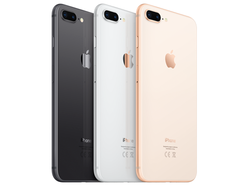 Tre iPhone 8 Plus visade bakifrån i färgerna rymdgrå, silver och guld, med dubbla kameror synliga.