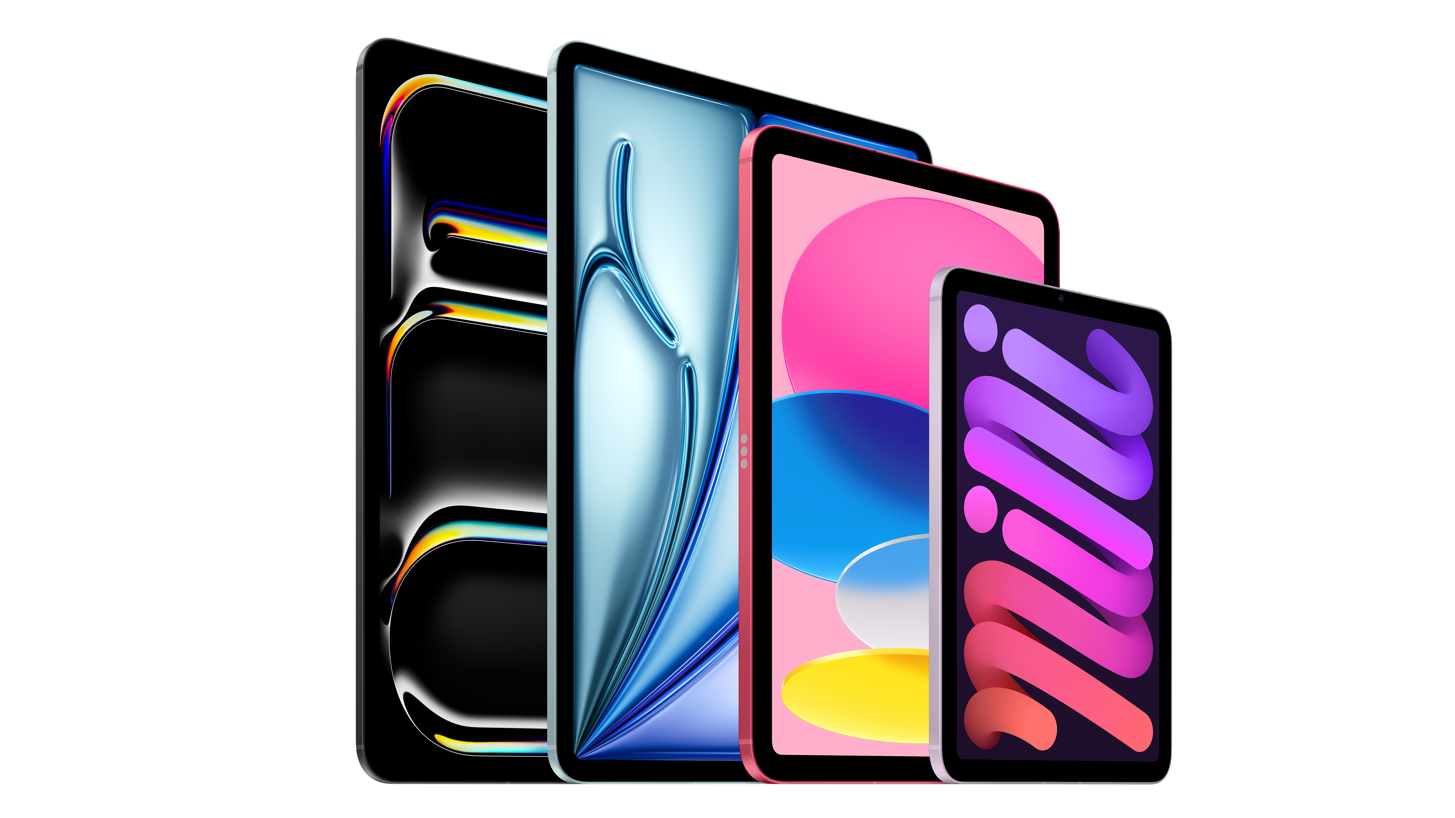 iPad-familjen, fyra surfplattor i olika storlekar som står uppställda bredvid varandra
