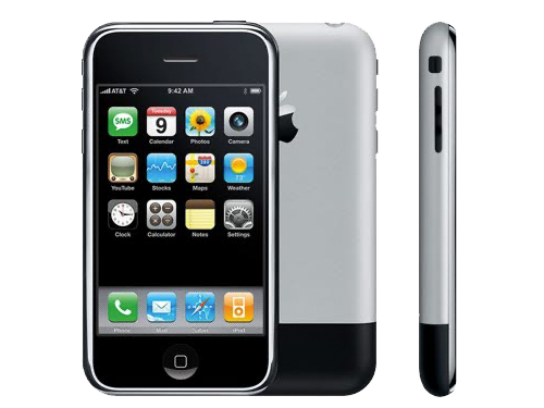 En svart och silver iPhone visad framifrån och från sidan, med appar synliga på skärmen och en hemknapp nedtill.