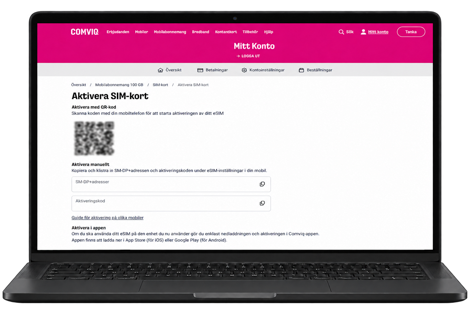 Bild på en laptop som visar Mitt konto och sidan "Aktivera SIM-kort" med en blurrad QR-kod.