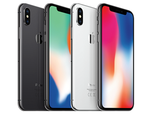 Två iPhone X-modeller visas framifrån och bakifrån, en i rymdgrå och en i silver, mot vit bakgrund.