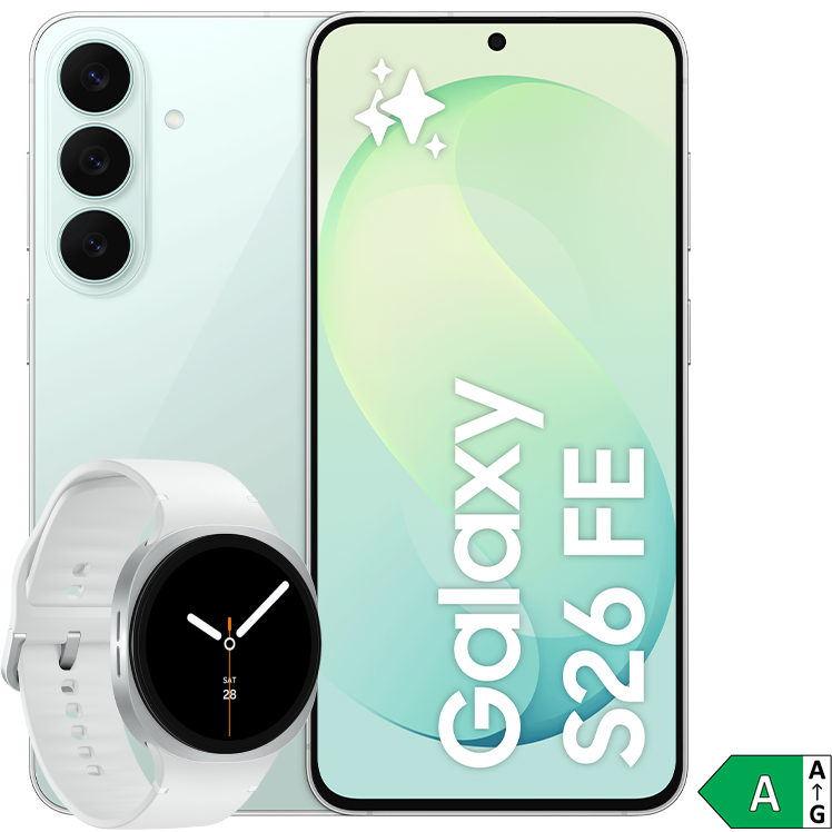 Samsung Galaxy S26 FE smartphone i mintgrön färg visad framifrån och bakifrån, tillsammans med en vit Galaxy Watch.