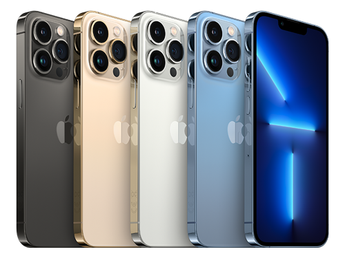 Fyra iPhone 13 Pro-modeller i färgerna grafit, guld, silver och himmelsblå, visade från bak- och framsidan.