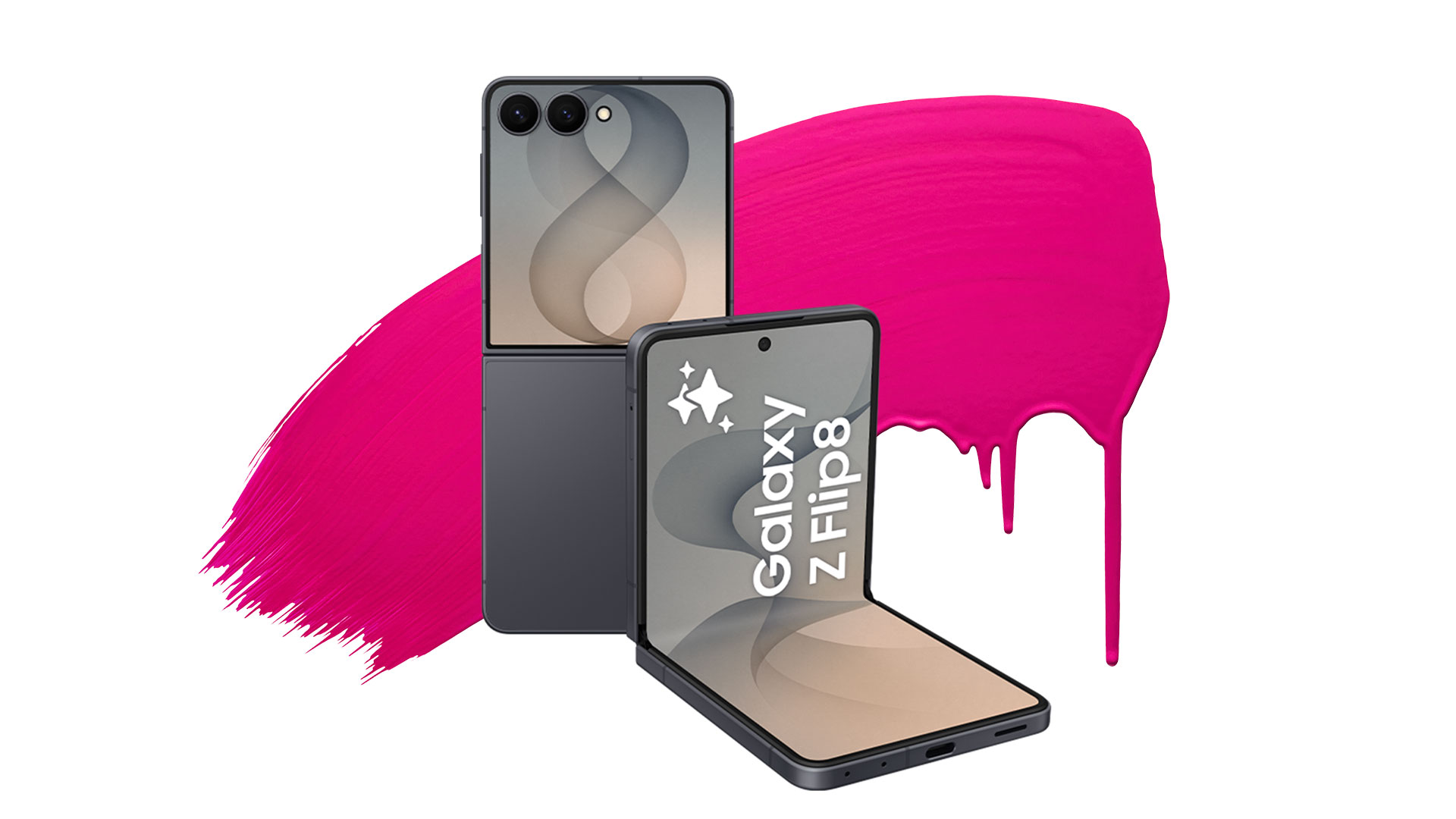 Samsung Galaxy Z Flip8 i mörkgrå färg, visad både hopvikt och utvikt