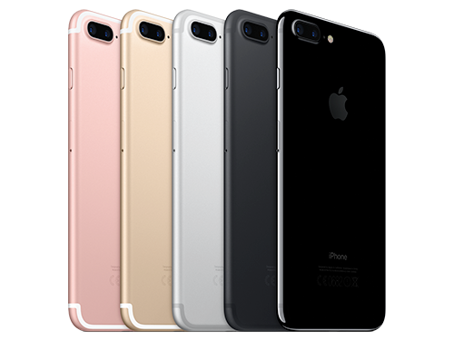 Fem iPhone 7 Plus visade bakifrån i färgerna roséguld, guld, silver, mattsvart och jet black.