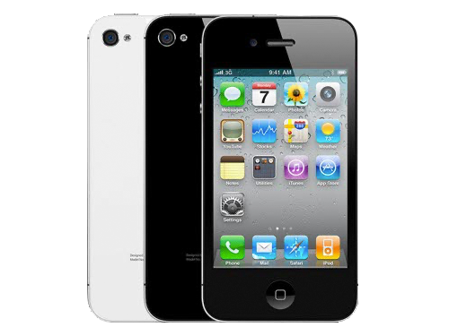 En svart iPhone 4 visad framifrån med appar på skärmen, tillsammans med en vit iPhone 4 bakifrån.
