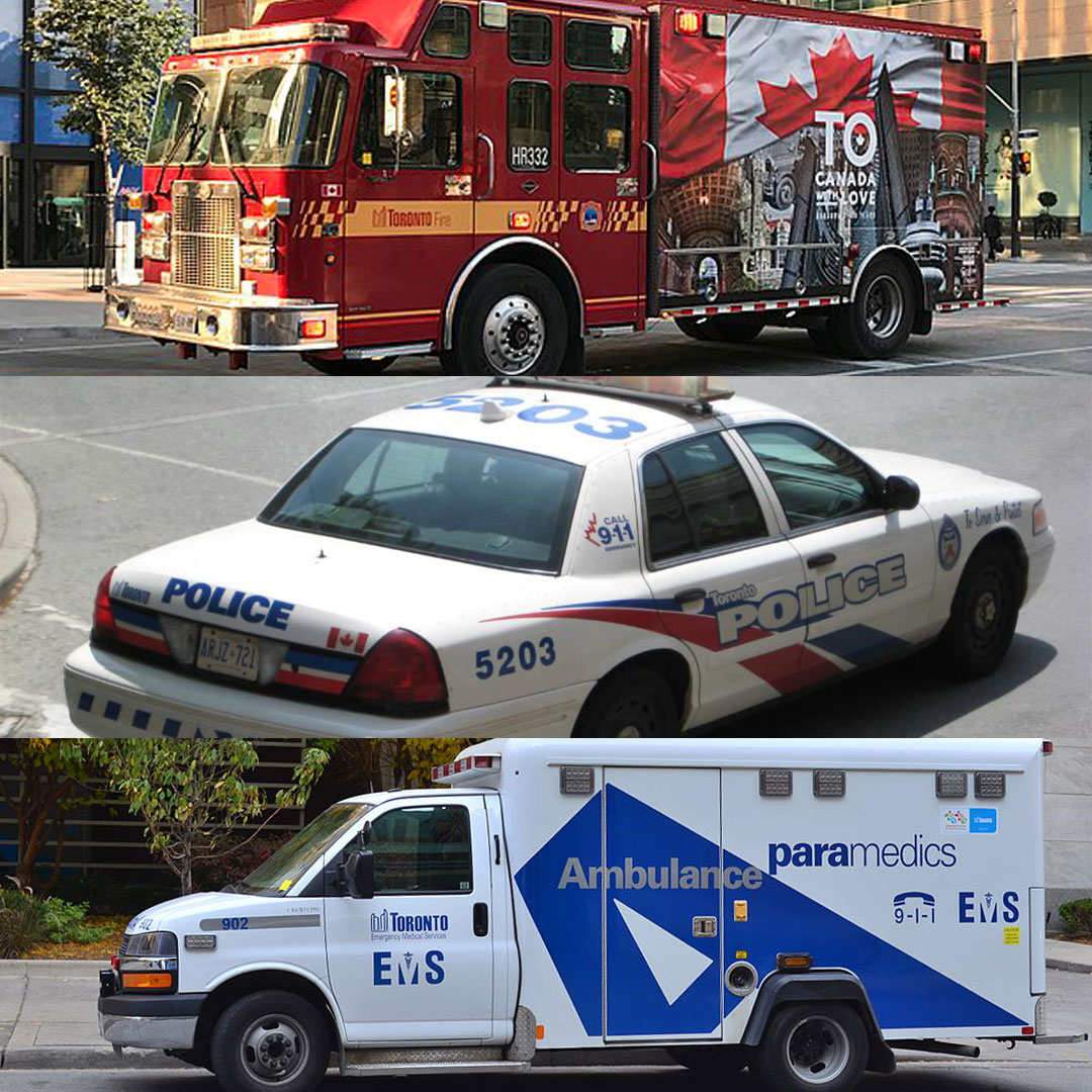 A Toronto Fire Truck, Police car and ambulance