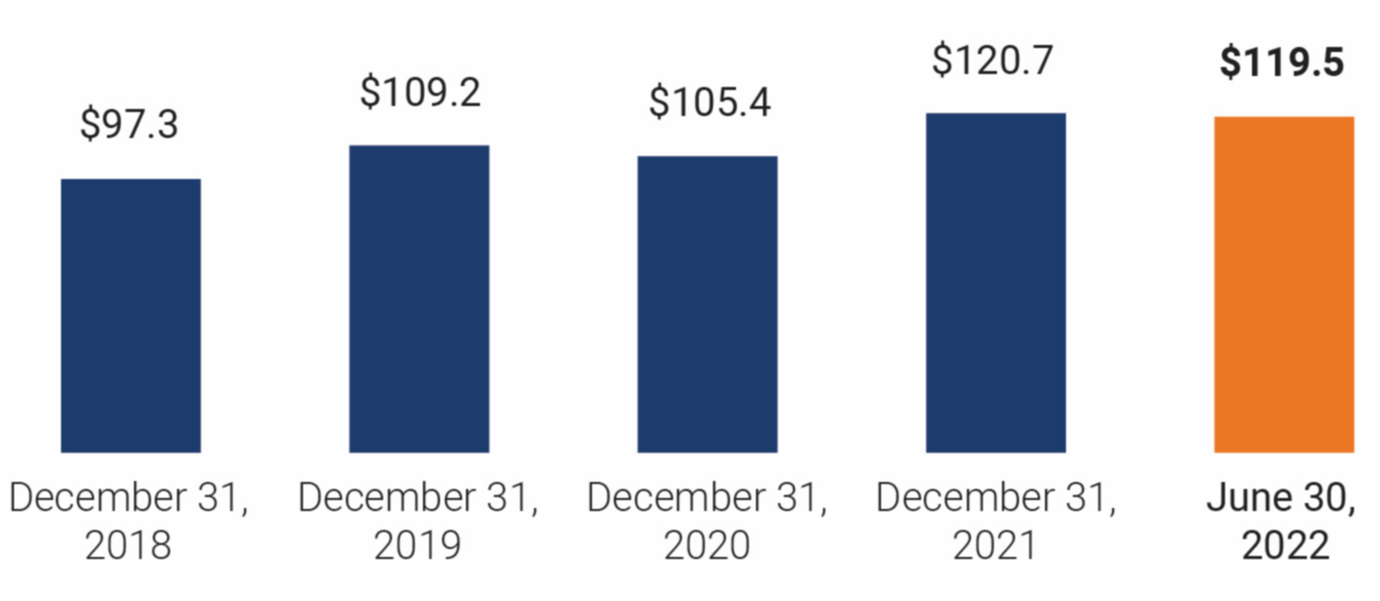 2022 mid net assests Net assets in billions - $97.3 at December 31 2018, $109.2 at December 31 2019, $105.4 at December 31 2020, $120.7 at December 31 2021, $119.5 at June 30 2022