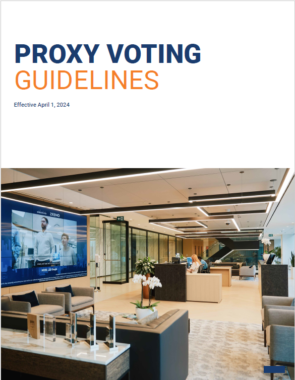 Proxy Voting Guidelines cover showing the interior of an office