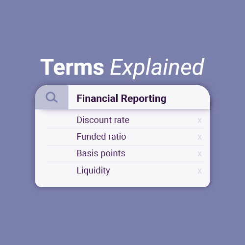 Designed element with Terms Explained and a search bar with Financial Reporting, Discount rate, Funded ratio, Basis points and Liquidity showing