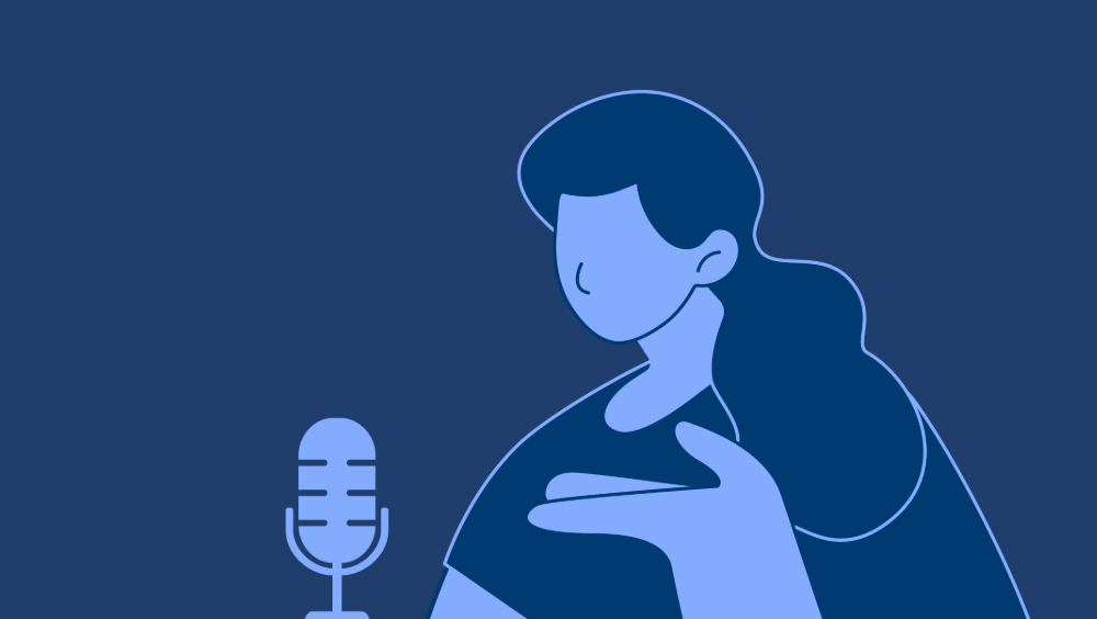 Pension Blueprint-Card image An icon of a woman in front of a microphone with a navy blue background