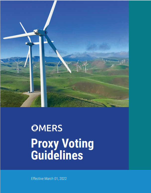 Cover of the proxy voting guidelines with wind turbines in a field.