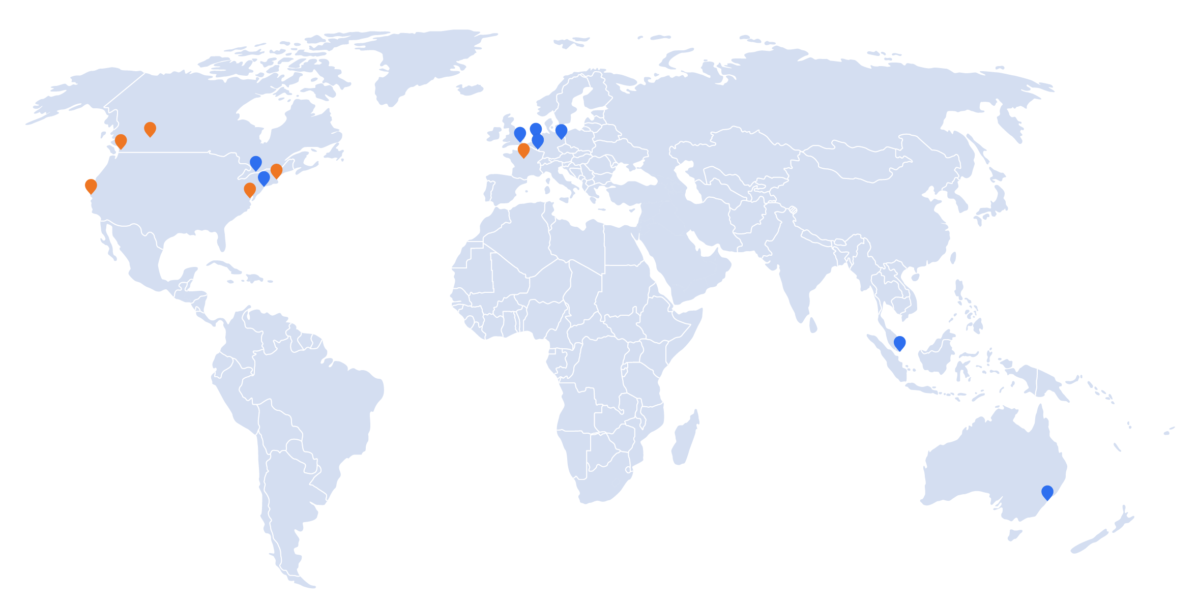 OMERS Locations A map showing coloured dots for where we have locations - Main offices (blue dot on map), Toronto, London, NYC, Sydney, Amsterdam, Berlin, Luxembourg. Oxford regional offices (orange dot on map) Vancouver, Washington, Paris, Calgary, Boston, San Francisco