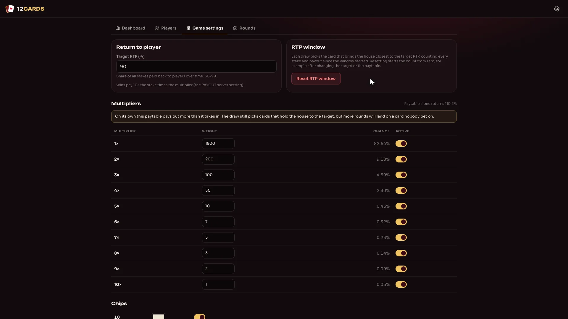 12Cards Game Settings